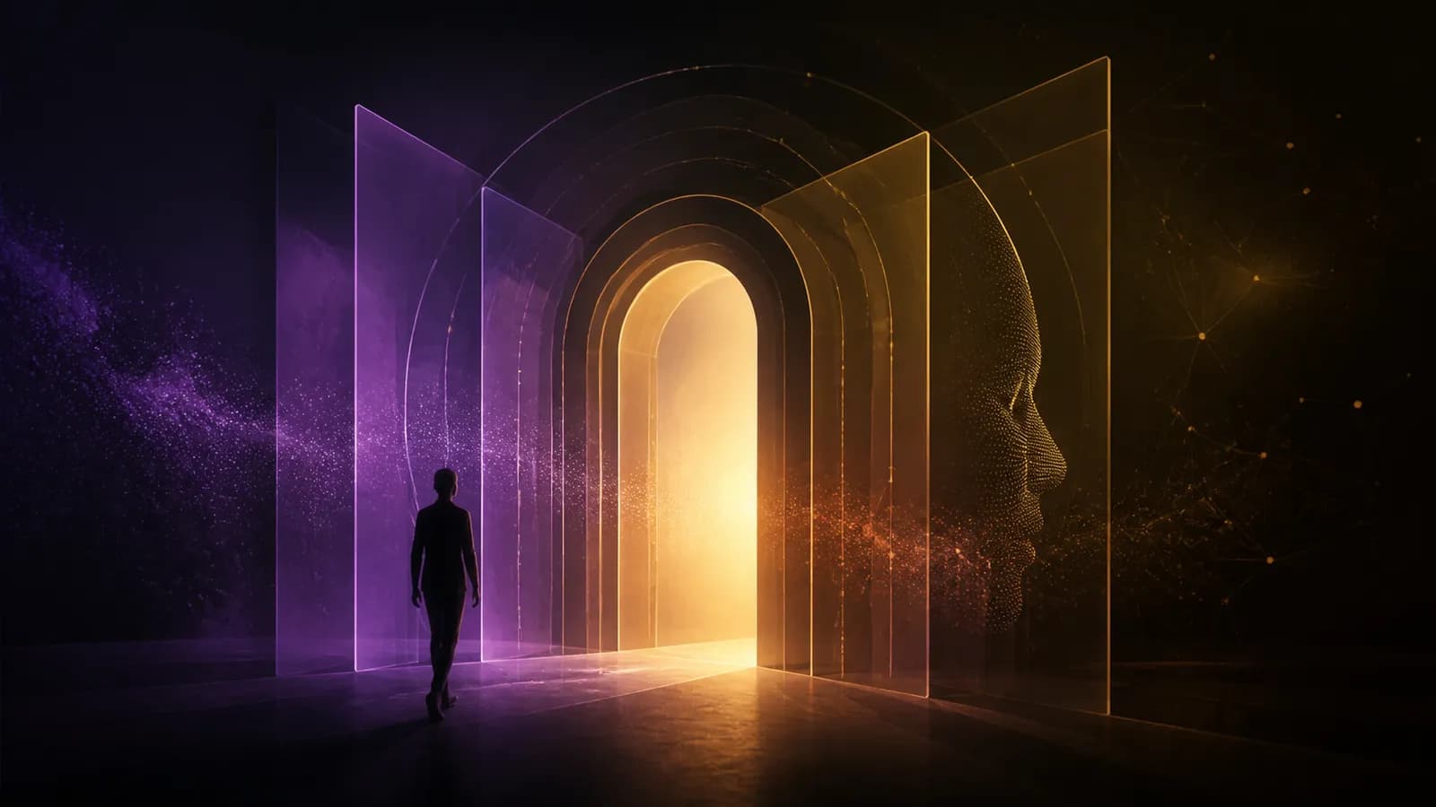 Abstract gateway with layered translucent barriers and a faint silhouette approaching a threshold