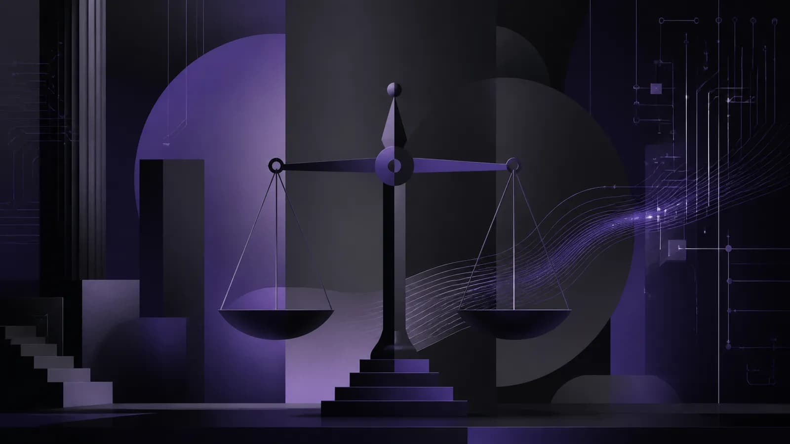 Abstract geometric scale and circuit patterns in deep violet representing AI regulation