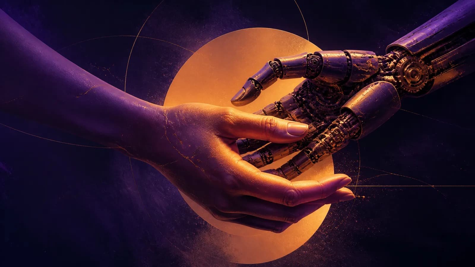 Abstract human hands and mechanical forms in tension, deep violet and amber tones