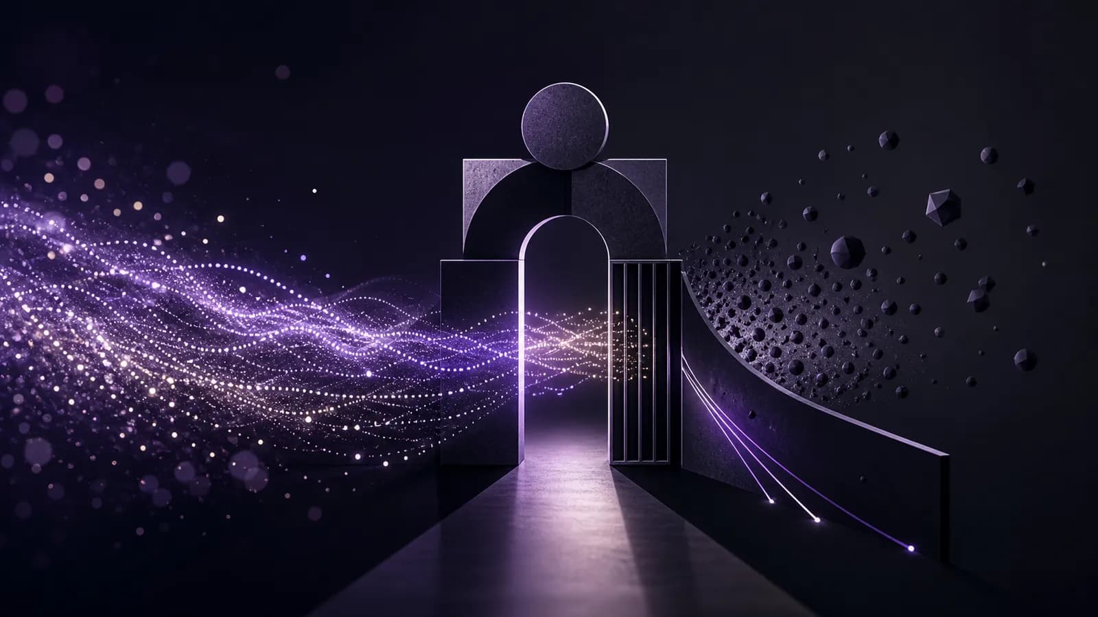Geometric gatekeeper forms filtering a stream of particles and light in deep violet