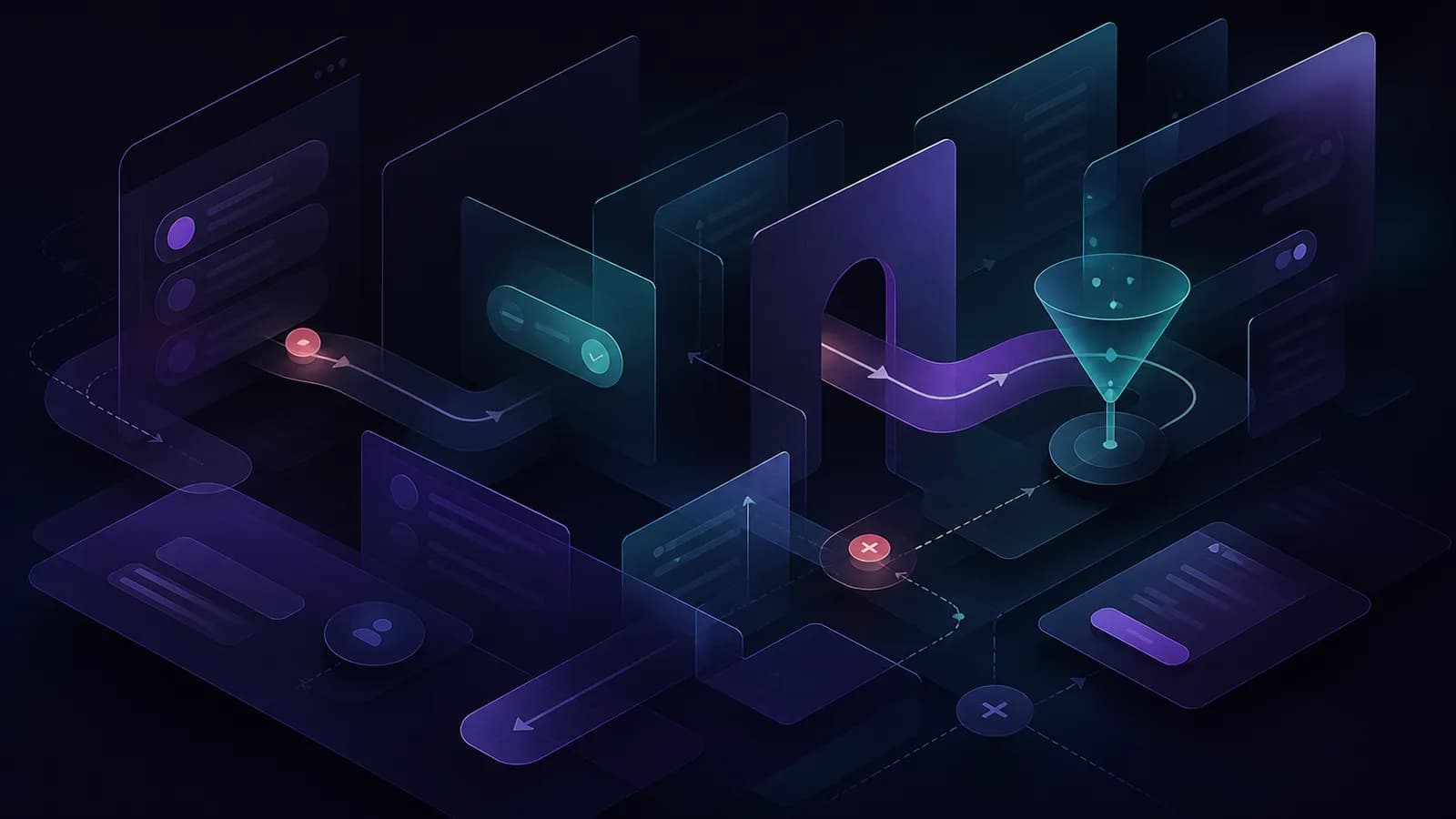 Abstract interface architecture with curved arrows suggesting digital manipulation of choices
