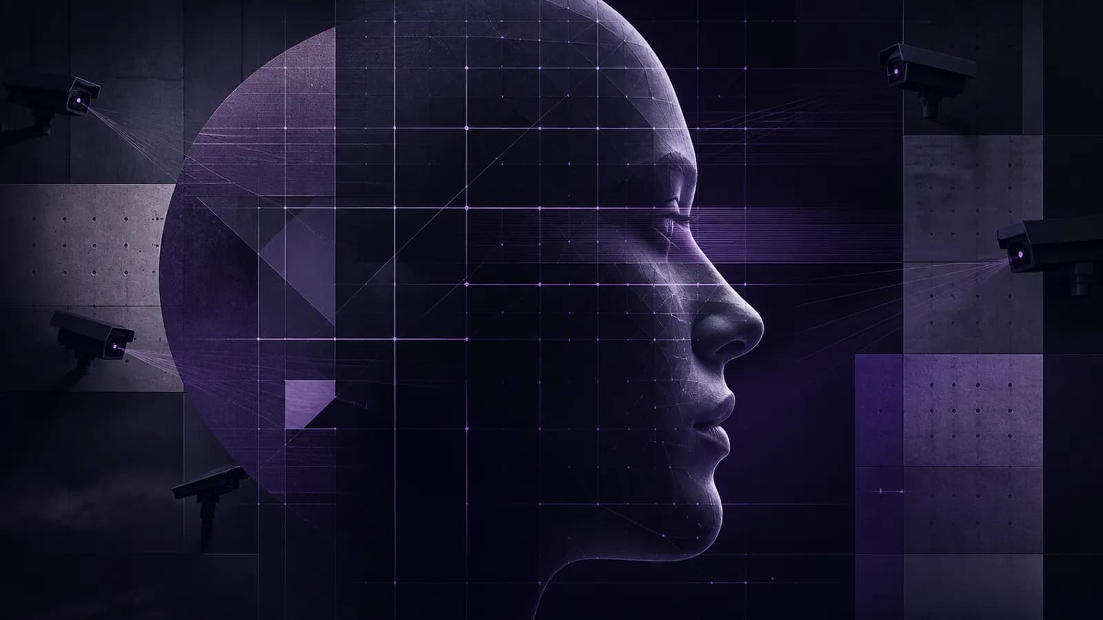 Human face silhouette intersected by geometric grid lines and scanning patterns in deep violet