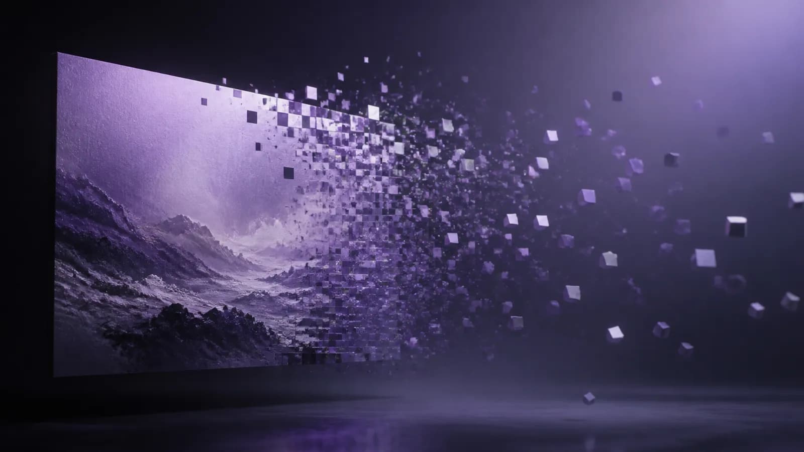 Abstract image fragmenting into geometric particles, dissolving at the edges in violet