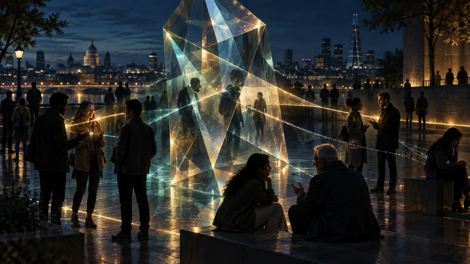 Editorial illustration of an algorithmic prism refracting connections between people