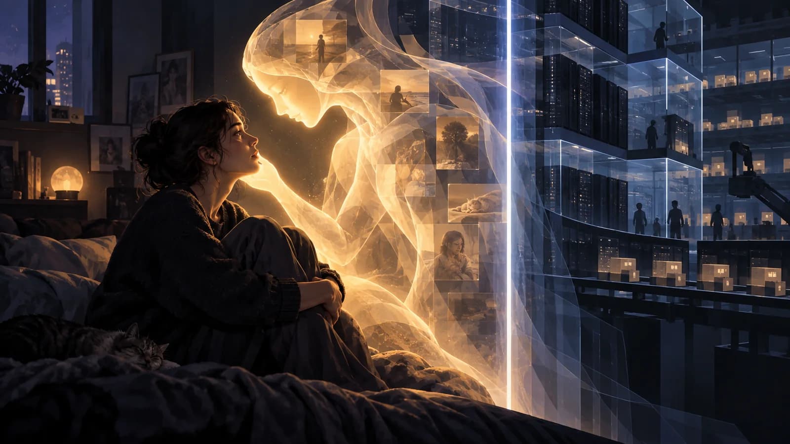 Editorial illustration of a young person facing a warm AI presence at the boundary of a machine system