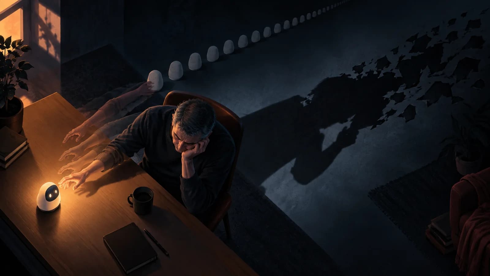 Editorial illustration of repeated daily AI use and a person’s increasingly heavy shadow